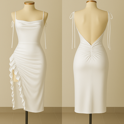 Silk Ruched Midi Dress with Side Ruffle & Deep Back – Starry Nights