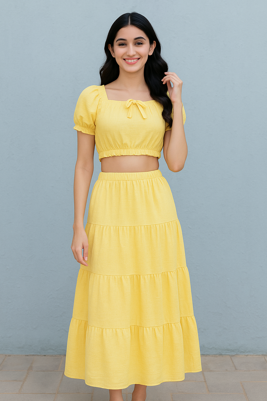 (30%) OFF - Cotton Lawn Co ord Set with Puff Sleeve Top & Tiered Maxi Skirt