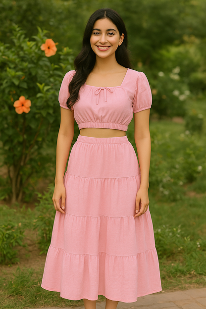 (30%) OFF - Cotton Lawn Co ord Set with Puff Sleeve Top & Tiered Maxi Skirt