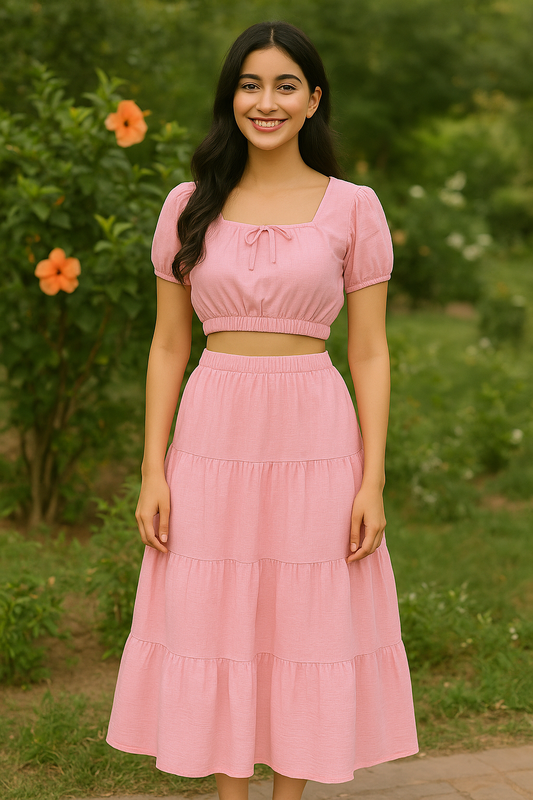 (30%) OFF - Cotton Lawn Co ord Set with Puff Sleeve Top & Tiered Maxi Skirt
