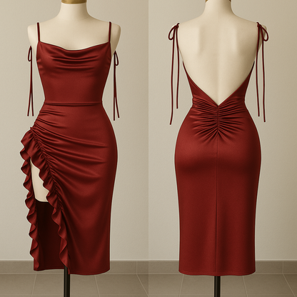(30%) OFF - Silk Ruched Midi Dress with Side Ruffle & Deep Back