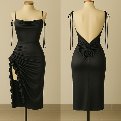 Silk Ruched Midi Dress with Side Ruffle & Deep Back – Starry Nights