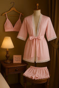 (30%) OFF - 3pc Cotton Loungewear Set – Robe, Bralette & Shorts