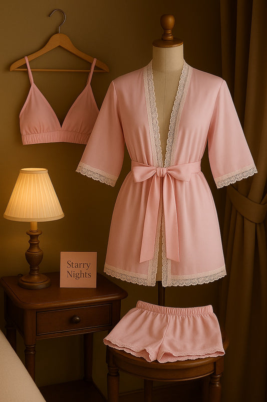 3-Piece Cotton Loungewear Set – Robe, Bralette & Shorts | Breathable & Elegant