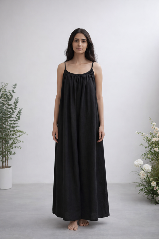 Gathered Linen Maxi Dress with Spaghetti Straps