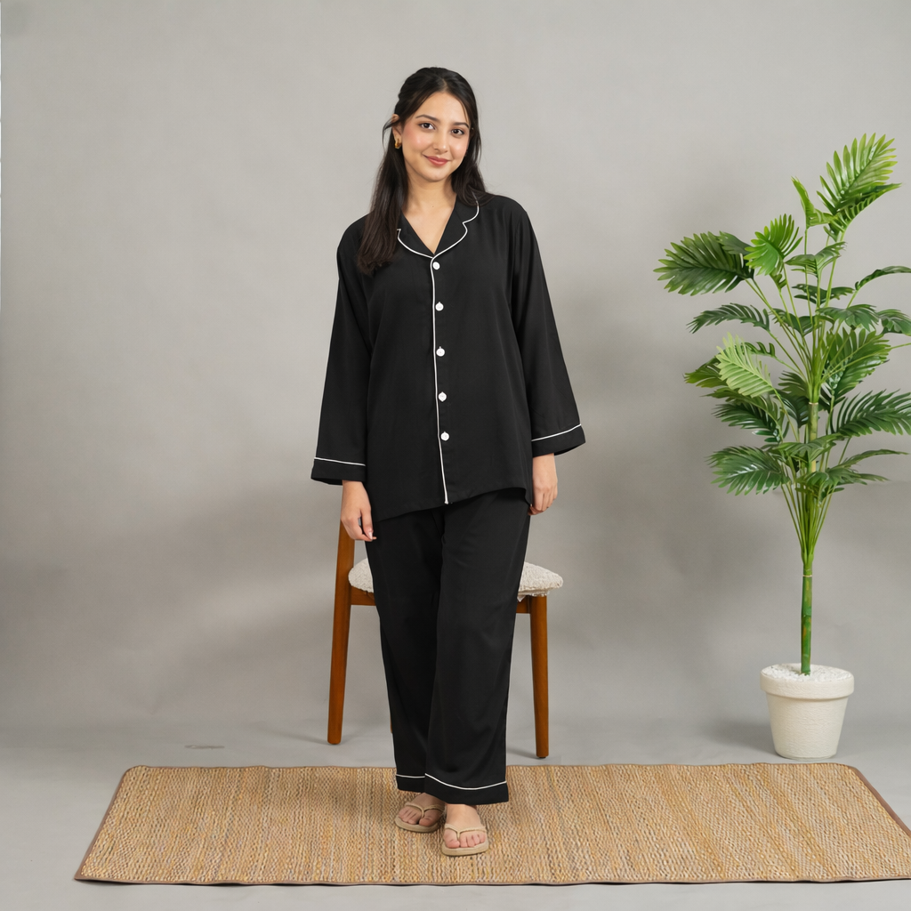 BLACK SOLID SUMMER LINEN PJS