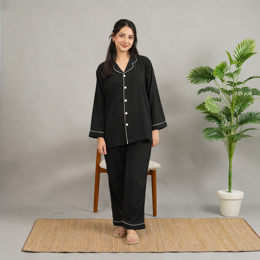 BLACK SOLID SUMMER LINEN PJS