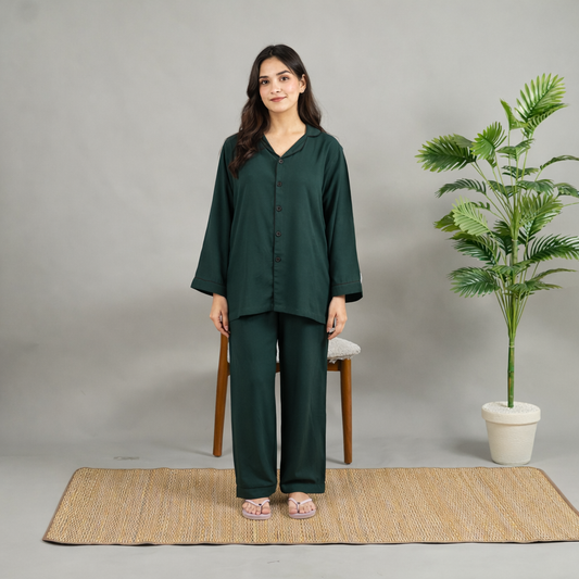 BOTTLE GREEN SOLID LINEN PJS.
