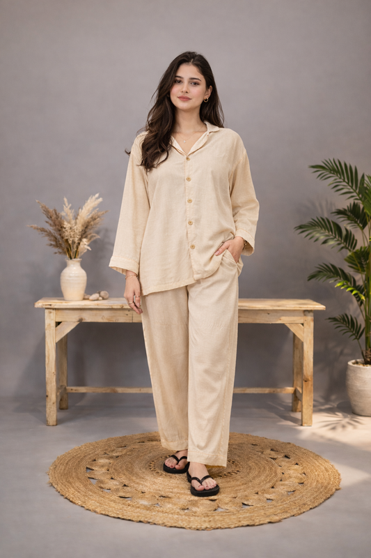 BEIGE SOLID LINEN PJS.