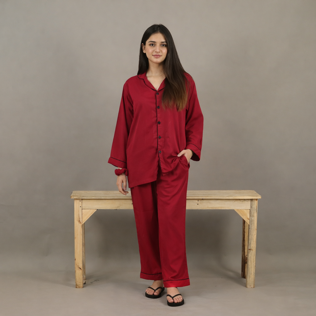 BLOOD RED SOLID LINEN PJS.