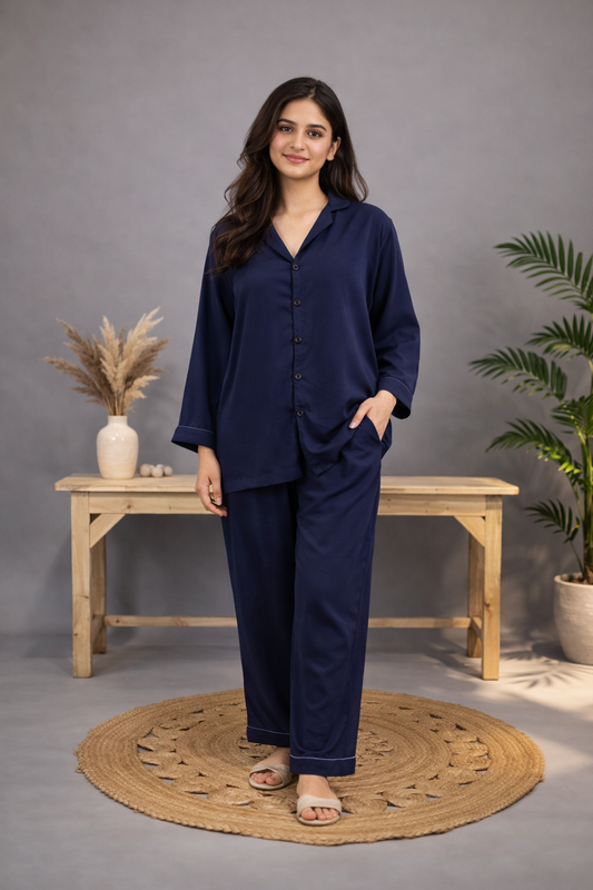 NAVY BLUE SOLID LINEN PJS.