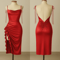 (30%) OFF - Silk Ruched Midi Dress with Side Ruffle & Deep Back