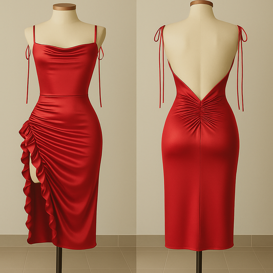 (30%) OFF - Silk Ruched Midi Dress with Side Ruffle & Deep Back