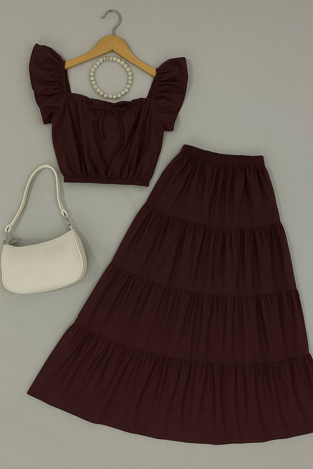 (30%) OFF - Cotton Lawn Co ord Set with Puff Sleeve Top & Tiered Maxi Skirt