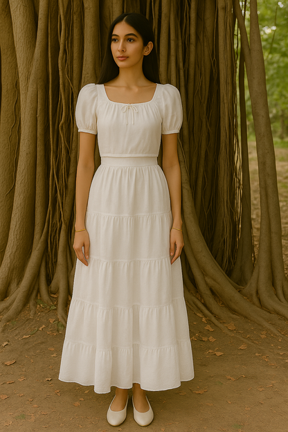 Cotton Lawn Co-ord Set with Puff Sleeve Top & Tiered Maxi Skirt