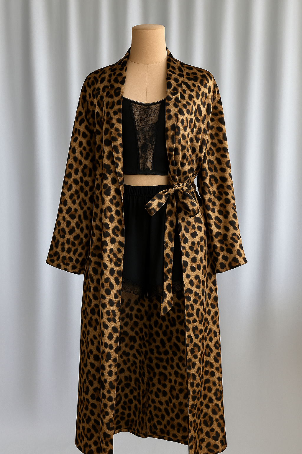 (30%) OFF - Leopard Robe with Black Lace Cami & Shorts Set