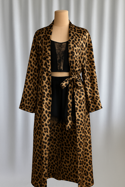 (30%) OFF - Leopard Robe with Black Lace Cami & Shorts Set