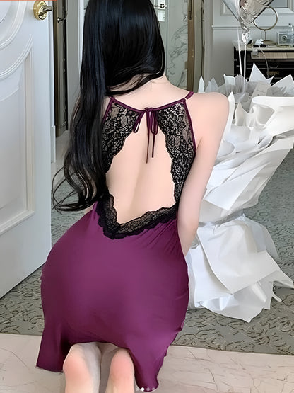 Midnight Amethyst Elegance – Satin & Lace Nightwear Set
