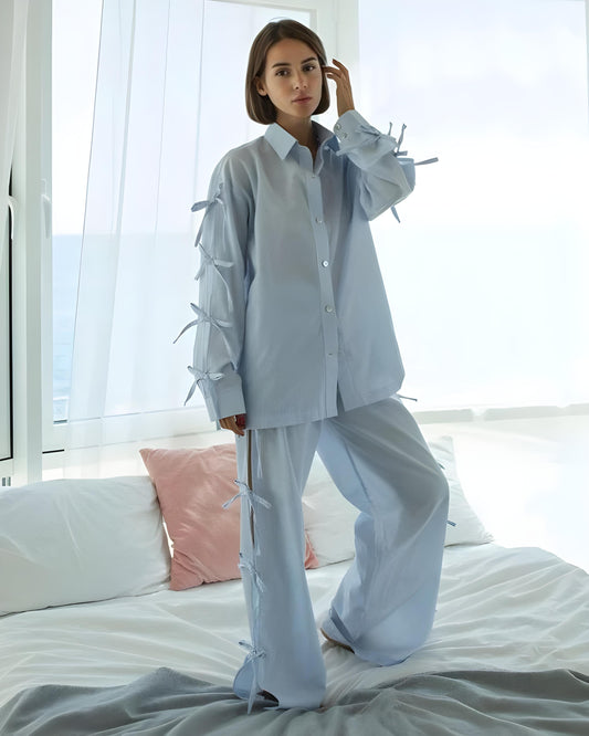 Relaxed Fit Bow-Tie Cotton Shirt and Pant 2pc Set