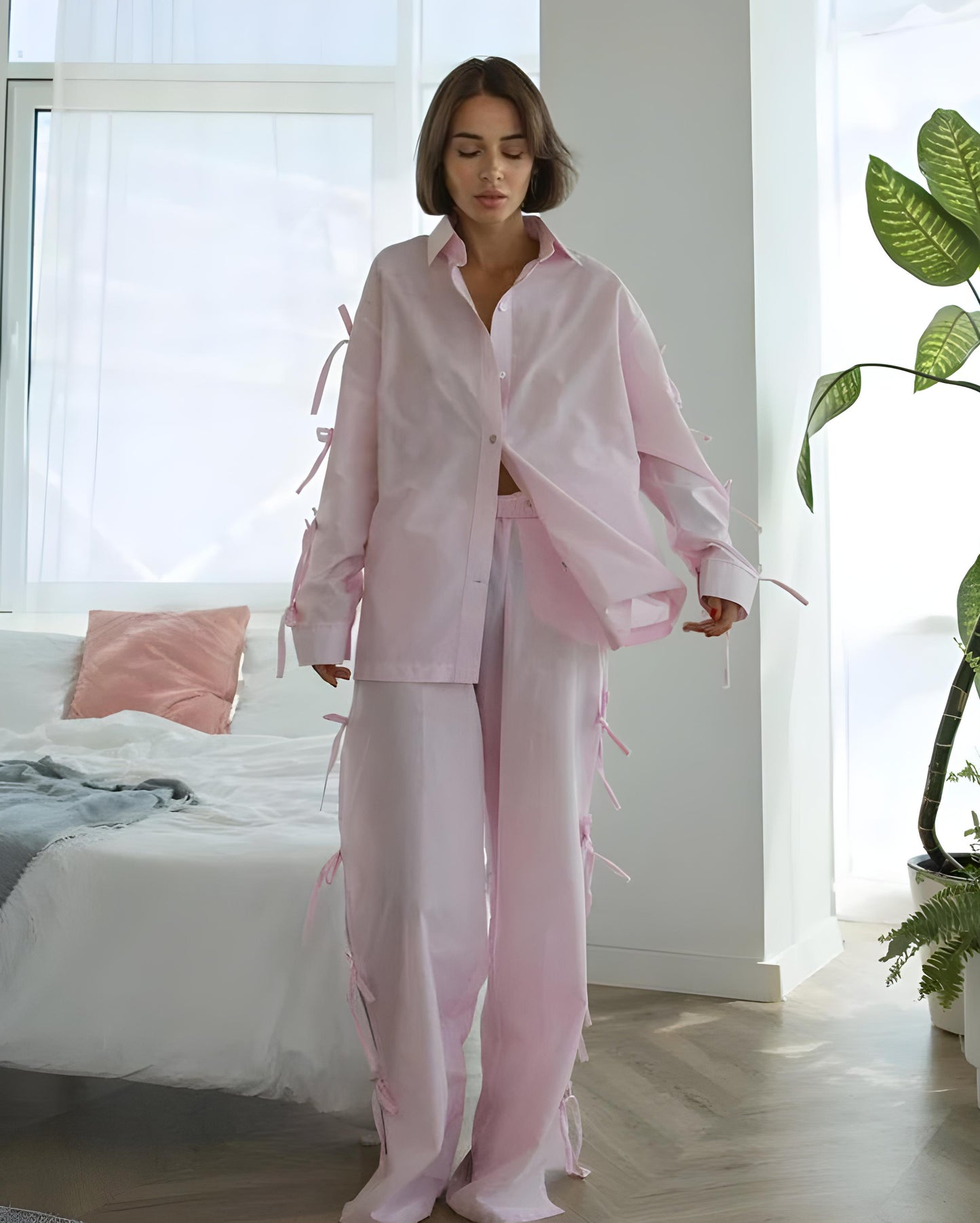 Relaxed Fit Bow-Tie Cotton Shirt and Pant 2pc Set