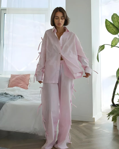 Relaxed Fit Bow-Tie Cotton Shirt and Pant 2pc Set