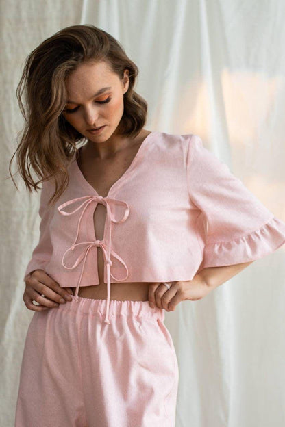 (30%) OFF - Cotton Tie-Front Ruffle Co-ord Set