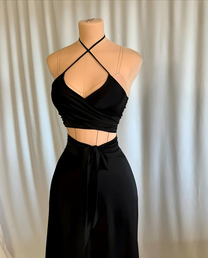 Luxury Silk Halter Wrap Midi Dress - Elegant and Versatile Evening Wear