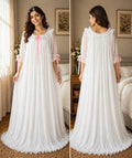 Women’s Premium Pleated Georgette Maxi Night Dress – Soft Flowy Lounge Wear with Ruffle Neckline