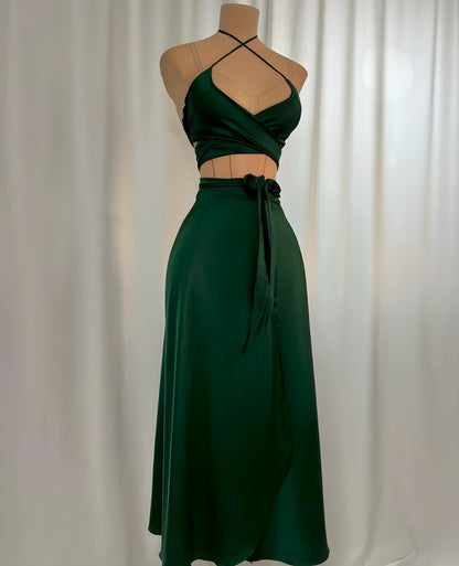 Luxury Silk Halter Wrap Midi Dress - Elegant and Versatile Evening Wear