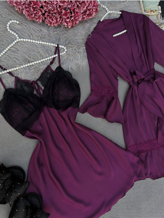 Midnight Amethyst Elegance – Satin & Lace Nightwear Set