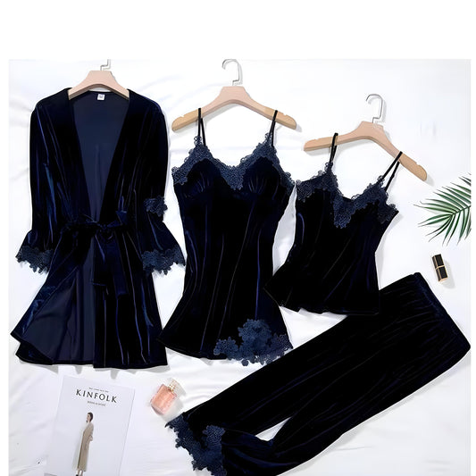 (30%) OFF - Velvet Lacy 4-Piece Nightwear Set - Elegant Lingerie