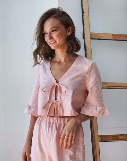 (30%) OFF - Cotton Tie-Front Ruffle Co-ord Set